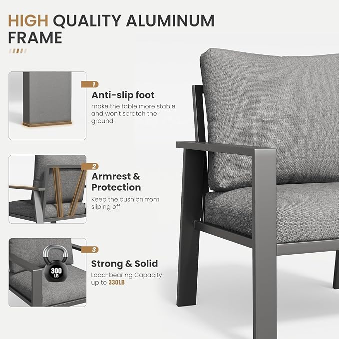 4-Piece Aluminum Patio Conversation Sets All-Weather Sectional Outdoor Furniture Set with Coffee Table & Cushions with Removable Covers for for Backyard, Garden and Poolside Easy Assembly(Gray)