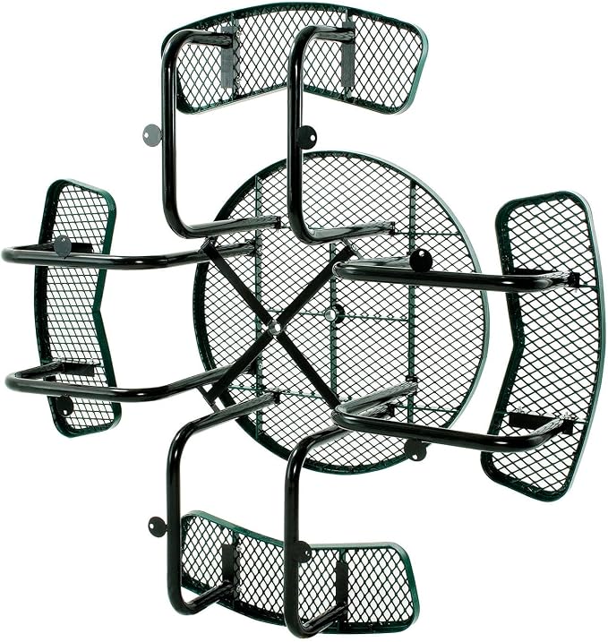 Global Industrial 46" Round Picnic Table, Expanded Metal, Green Thermoplastic Coating, Attached Benches, 1-1/2” Umbrella Pole Hole, Outdoor-Rated, 1000 lb Capacity