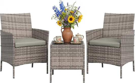 PeakPursuit 3 Pieces Patio Furniture Set, PE Rattan Wicker Patio Set with Soft Cushion and Glass Coffee Table, Upgraded Outdoor Patio Chairs and Table for Garden Poolside Balcony, Grey