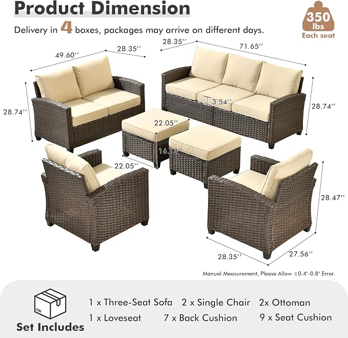 ovios 6 Pieces Patio Furniture Set, Outdoor Wicker Sofa Couch with Loveseat Comfy Cushions, All Weather Brown Rattan Conversation Set for Backyard Deck Porch, Beige