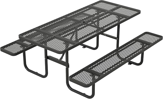 72 Inch Rectangular Metal Picnic Table with 1.73" Umbrella Hole, Heavy-Duty Steel Mesh Table Set, Weather Resistant Sturdy Outdoor Furniture, for Patio, Garden, Courtyard & BBQ, Black