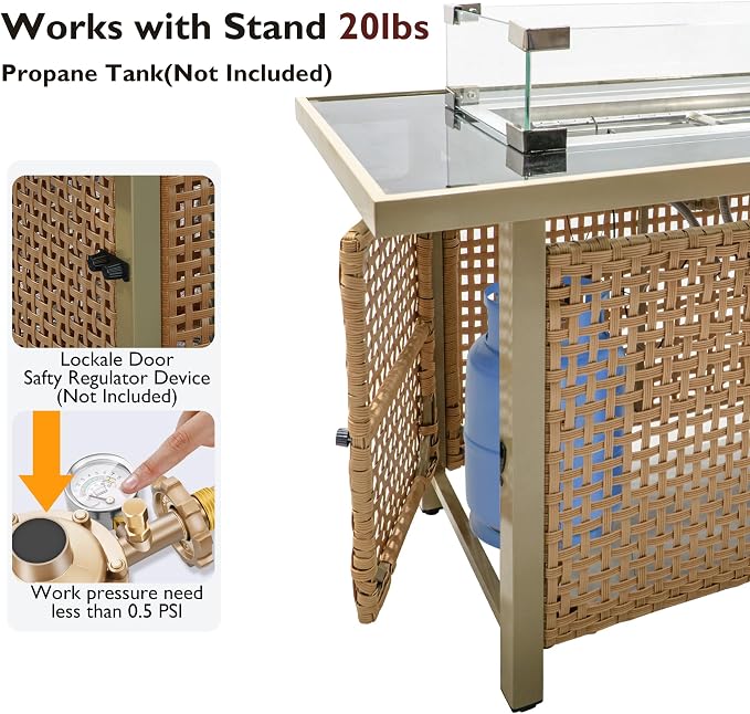 43" Propane Gas Fire Pit Table, 60000 Btu Rectangular Open Weave Wicker Fire Pit with Glass Wind Guard for Outside Patio Deck Garden Backyard - Orange & Mustard Yellow