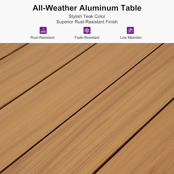 PURPLE LEAF 5 Pieces Patio Dining Set Wicker Outdoor Furniture Rectangular Table and Chairs Set for Garden Deck Teak-Finish Aluminum Frame Backyard Kitchen Set, Cushions and Pillows Included