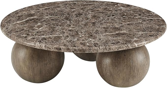Modway Pietra Modern Sculptural Indoor/Outdoor Round Coffee Table in Dark Emperador Marble – Faux Marble Top with Three Ball Pedestal Legs – Contemporary Round Accent Table