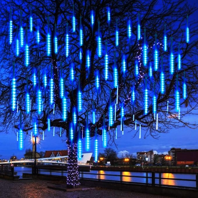 Meteor Shower Lights Outdoor, 11.8 Inch 8 Tubes 192 LED Snowfall Lights, Waterproof Meteor Christmas Light, Hanging Falling Rain Light for Tree Bushes Holiday Party Christmas Decoration, Blue