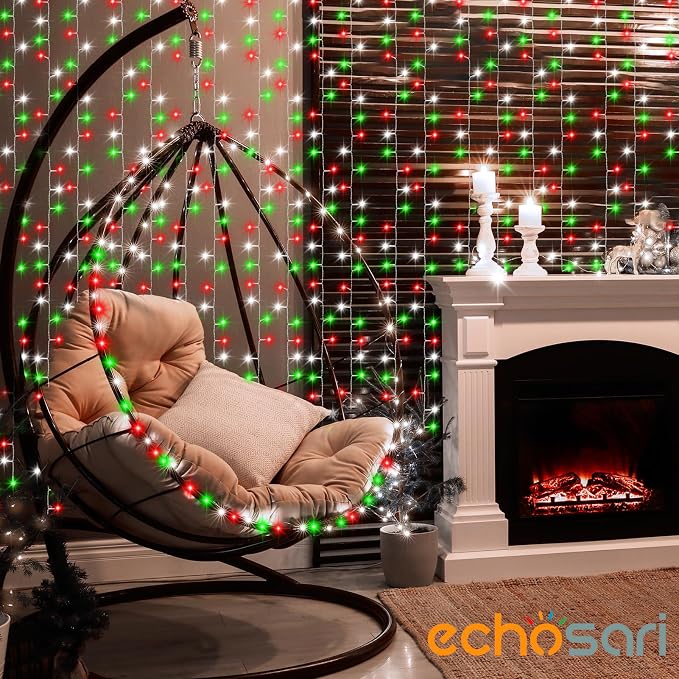 echosari Red White and Green Christmas Curtain Lights Battery Operated | 300 LED Curtain Lights 9.8Ft x 9.8Ft Hanging Lights with Remote Timer for Party Holiday Garden Yard Decor