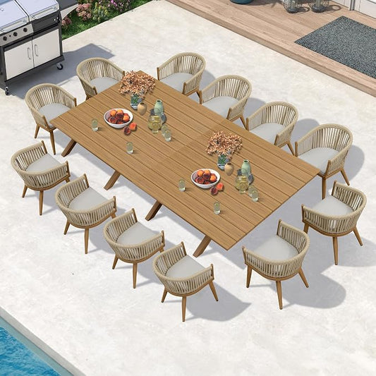PURPLE LEAF 13 Pieces Oversized Outdoor Dining Set with Patio Aluminium Dining Table and Wicker Chairs Modern Furniture Cushions Sets for Backyard Indoor Decor Kitchen Teak