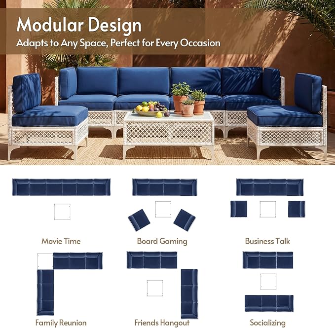 7-Pcs Outdoor Sofa with Thick Cushion, Lightweight Patio Sectional with Effortless Assembly, Space-Saving Outdoor Furniture Set & Easy-Clean Open Weave Wicker for Backyard, Garden (Navy Blue)