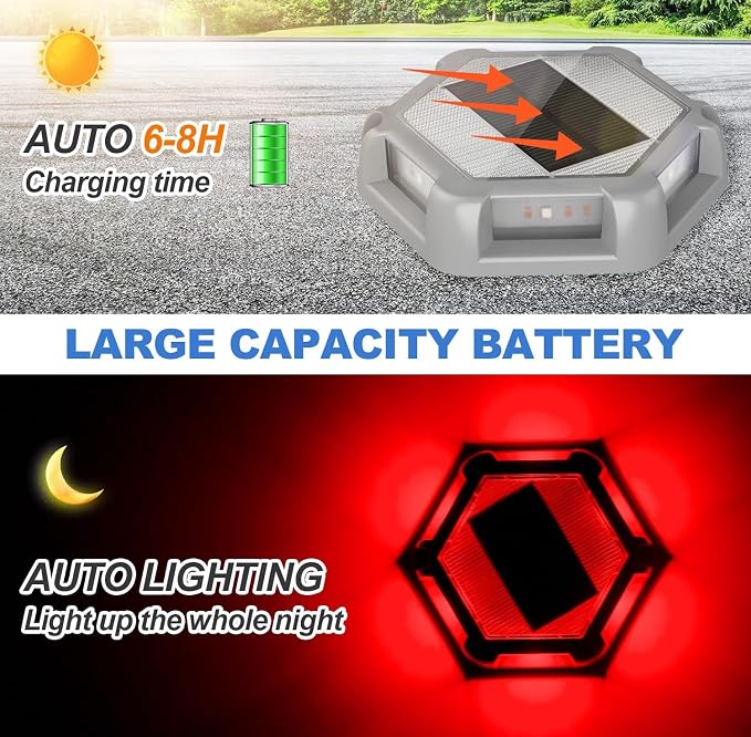 Solar Dock Lights Driveway Deck Lights - 24 Packs Waterproof Outdoor LED Aluminum Dock Lighting Warning Step Light for Driveway Sidewalk Garden Pathway Yard (Red)