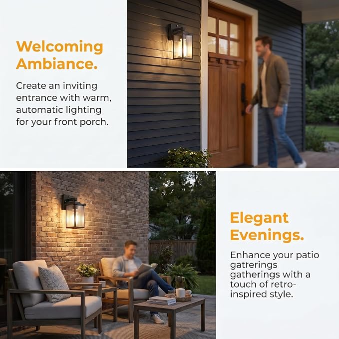 Black Dusk to Dawn Wall Mount Porch Lights, Exterior Light Fixtures | Auto On and Off, Anti-Rust Metal Frame, Tempered Glass, E26 Socket, Easy DIY Install on Porch, Garage