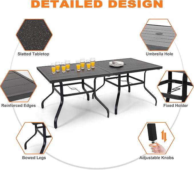 NUU GARDEN Outdoor Patio Dining Table, 4-Person Steel Slat Square Table, Modern Black Backyard Bistro Table with Umbrella Hole