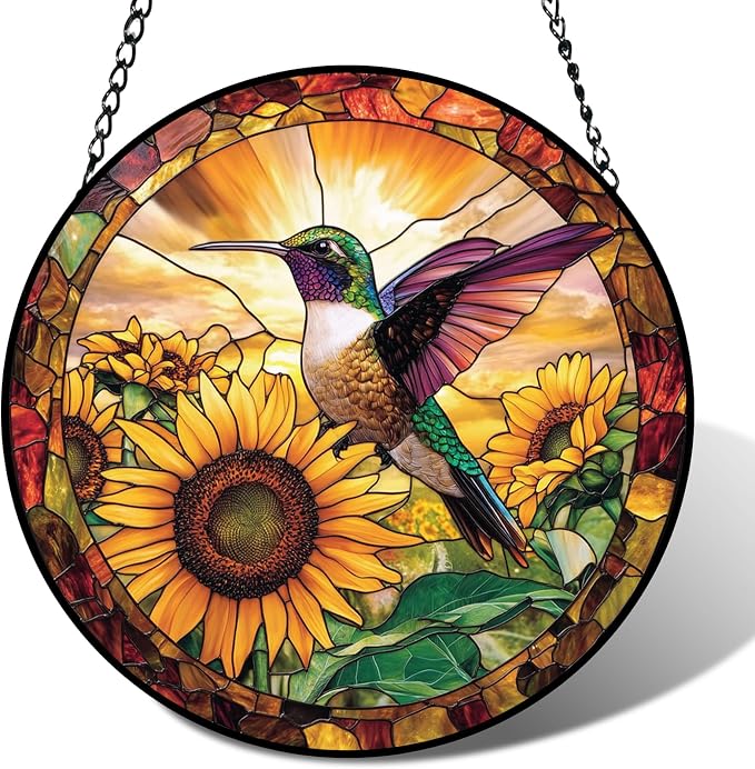 Stained Glass Hummingbird Suncatcher Window Hanging Flowers Gifts for Mom | 7.8in Garden Sun Catcher, Sunflowers Sunrise Ornament for Door Home, Gift for Bird Lovers Grandma & Mother's Day Christmas