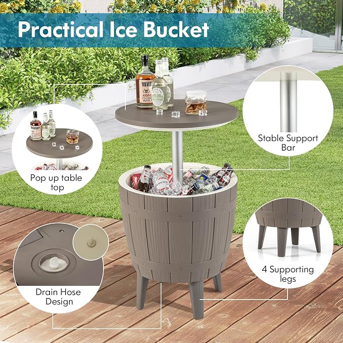 Tangkula 10 Gallon Cooler Bar Table, Outdoor Cooler Side Table w/Telescopic Tabletop, 3-in-1 Coffee Table Ice Bucket for Beer & Wine, All-Weather Cocktail Table for Backyard, Party, Poolside