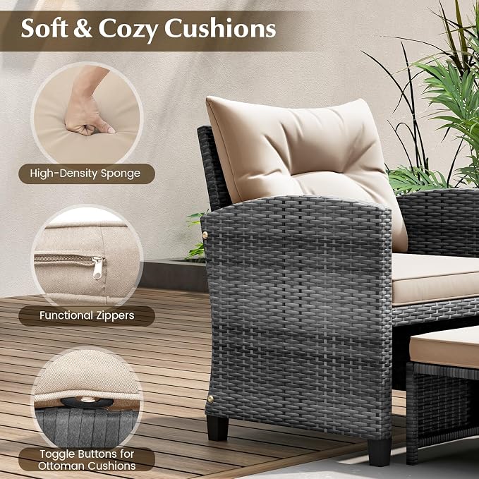 HAPPYGRILL 5-Piece Outdoor PE Rattan Conversation Set, Wicker Patio Furniture Set with Cushion, Ottoman & Coffee Table for Backyard Garden Poolside Lawn Deck Porch (Mix Grey & Beige)