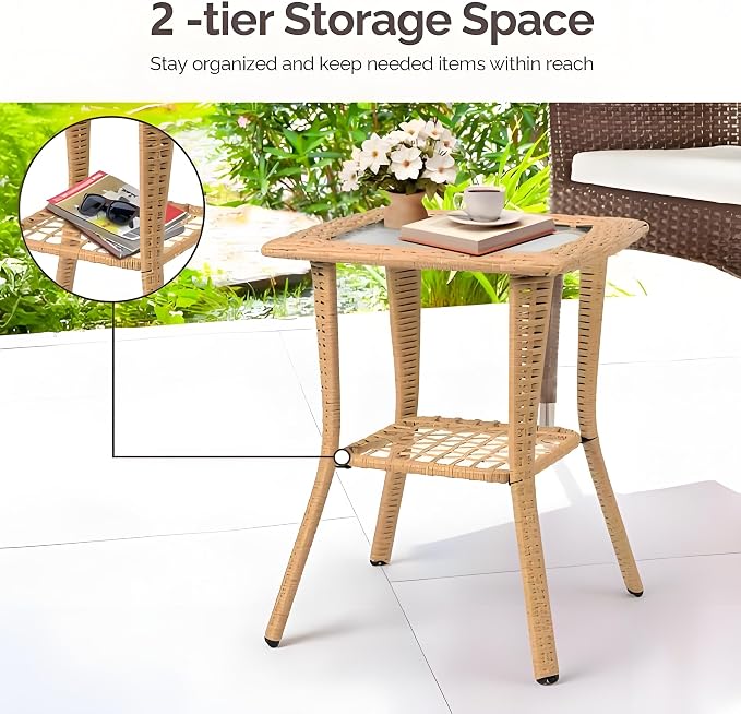 Outdoor Wicker Side Table with Glass Top, Rattan End Table for Patio Garden Porch Balcony, 2-Tier Beige Indoor Outdoor Coffee Bistro Table, Water Ripple Tempered Glass and Powder-Coated Steel Frame