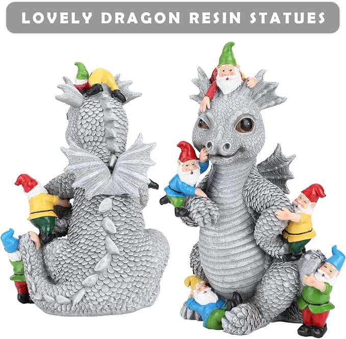 Dragon Garden Statue, Dinosaur Play with Gnomes Garden Statues, Garden Gift | 13'' Resin Porch Dinosaur Garden Dragon for Yard, Patio, Porch, Lawn, Outdoor Decor and Gifts for Mother Grandma or Father