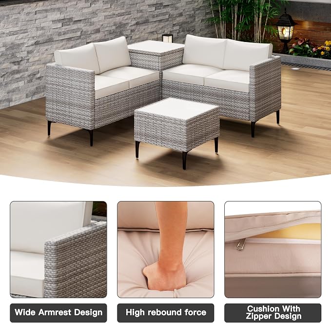 Outdoor PE Rattan Patio Conversation Set with Storage, All-Weather Wicker Sectional Sofa with Cushions for Backyard Garden Porch, Grey White and Khaki