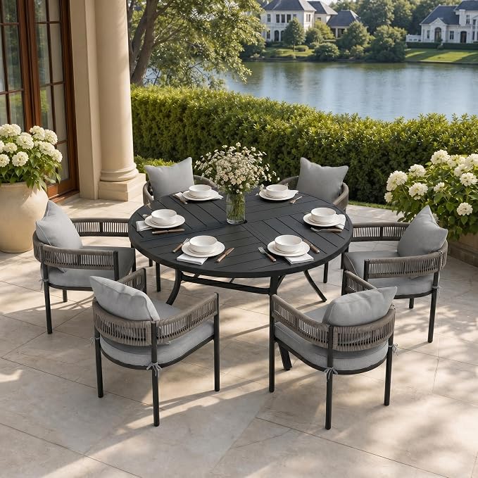 VICLLAX Patio Dining Set, 53.1" Black Table & 6 Chairs with Grey Cushion | Outdoor Table and Chairs Set of Round Metal Patio Table, Outdoor Dining Chairs with Metal Frame, Garden Deck Porch