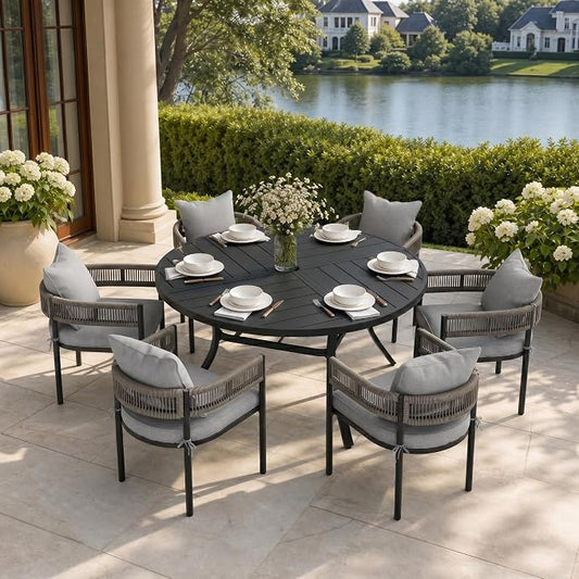 VICLLAX Patio Dining Set, 53.1" Black Table & 6 Chairs with Grey Cushion | Outdoor Table and Chairs Set of Round Metal Patio Table, Outdoor Dining Chairs with Metal Frame, Garden Deck Porch