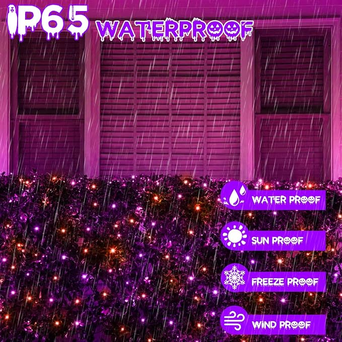 Solar Halloween Lights Outdoor 2 Pack 200 LED String Lights Orange Purple | 8 Lighting Modes, Memory Function, Auto On/Off, 66FT Waterproof Twinkle Lights for Outside Garden Party Tree Horror Decor