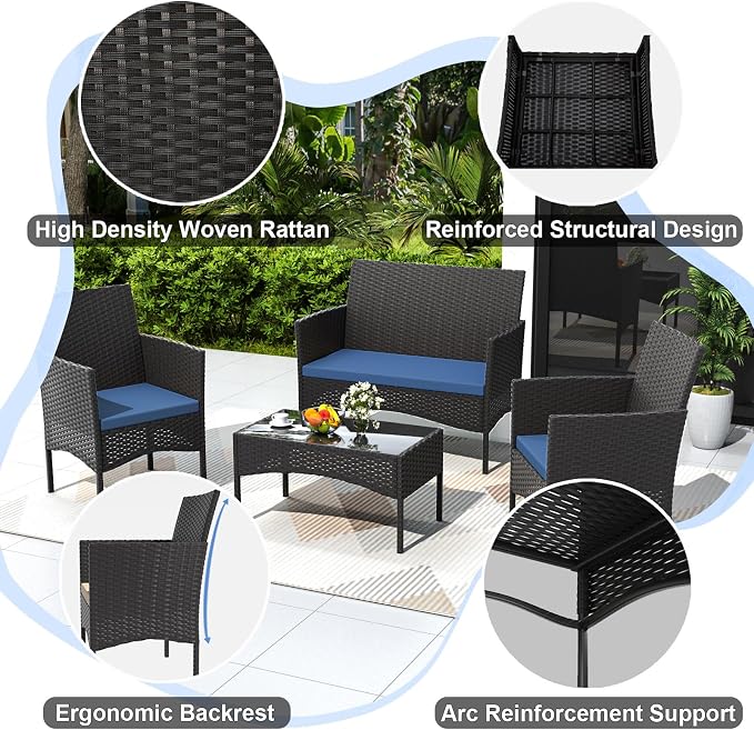 Gotland 4-Piece Outdoor Patio Furniture Set, Wicker Rattan Chairs & Sofa with Cushions and Glass Coffee Table, Conversation Set for Backyard, Lawn, Porch, Pool, Garden (Navy-2)