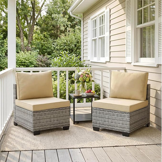 ANJ Outdoor Wicker Patio Chairs Set of 2, Modular Armless Patio Seating with Thick Cushions, All-Weather Rattan Conversation Chair Set for Porch, Balcony, Garden, Backyard, Light Grey Wicker-Camel