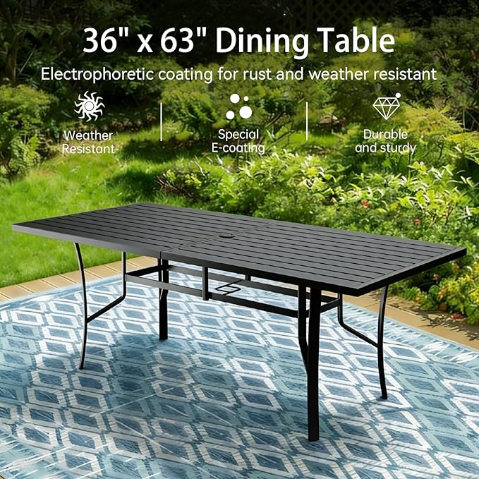 Trevero 7 Pieces Outdoor Dining Table 63"x36", Rectangle Patio Dining Table and Chairs with Stable Metal Frame for Garden, Backyard and Porch, Umbrella Hole Design, Suitable for 6 People