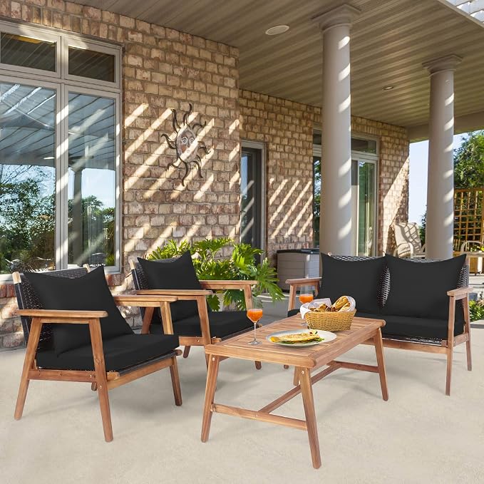 Tangkula 8-Piece Patio Furniture Set, Outdoor Acacia Wood Conversation Set with Cushions and Coffee Table, Turquoise & Black Cushion Cover Sets, Outdoor PE Wicker Sectional Sofa Set for Backyard