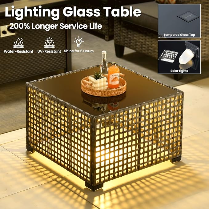 ovios 9 Pieces Patio Furniture Set, Outdoor Wicker Sofa Couch with Swivel Glider Chairs Solar Lights Table, Modern Deep Seat Rattan Conversation Sets for Deck Porch, Dark Grey