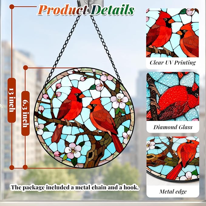 Cardinal Pair Stained Glass Suncatcher Window Hanging Bird Memorial Gift | 6.3in Garden Sun Catcher, Red Cardinals Patio Decor, Gifts for Mom Grandma Bird Lovers & Valentine Day, Christmas Ornaments