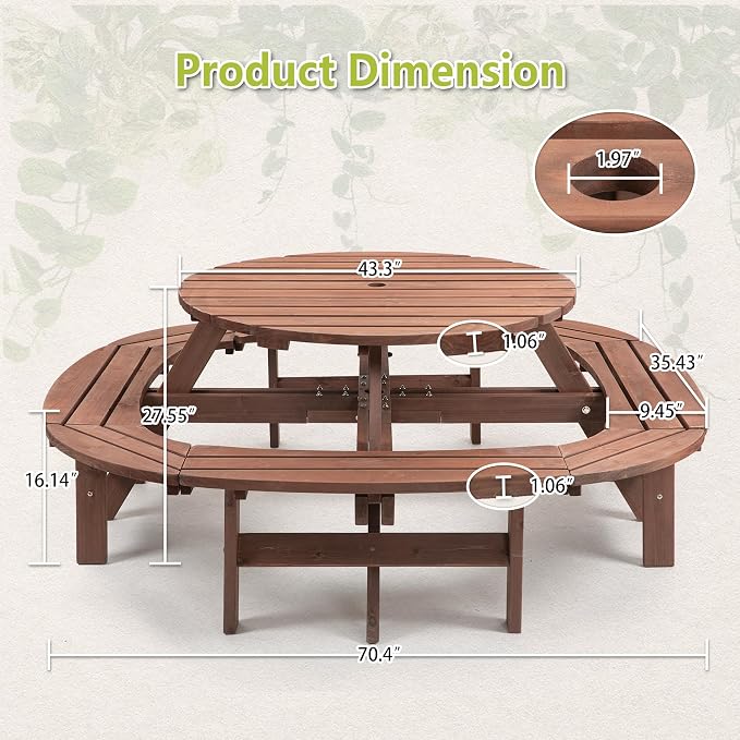 8-12 Person Outdoor Round Wooden Picnic Table with 8 Built-in Benches, Umbrella Hole, Outside Table and Bench Set for Garden, Backyard, Porch, Patio and Deck