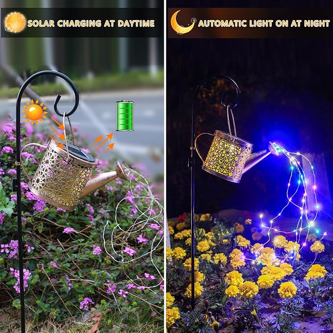 Solar Lights Outdoor Decorative, Metal Solar Watering Can Lights Waterproof, Small Hanging Gardening Decor for Yard Outside Patio Lawn, Mother’s Day Gifts, Birthday Gifts for Mom Grandma(Colorful)