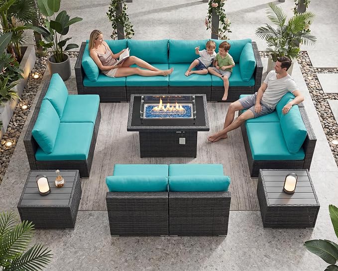 NICESOUL 13 Piece Outdoor Sectional Furniture with Firepit, Contemporary Back Yard Fireplace w/Seating Area, Plus Size 29.3'' High Back Patio Set, All-Weather Wicker Couch for Exterior, Gray & Teal