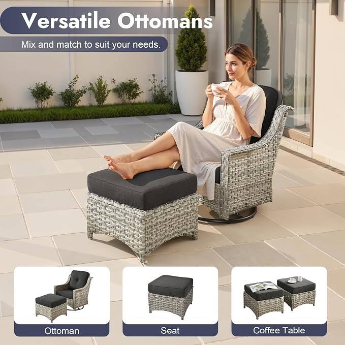 6 PCS Patio Furniture Set, Deep Seat High Back Outdoor Conversation Set with Ottomans, Wicker Outside Furniture with Solar Light Coffee Table for Porch Backyard Balcony, Sunroom, Black