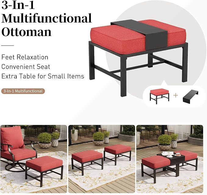 SUNSHINE VALLEY 5 Piece Metal Outdoor Patio Furniture Set, Patio Conversation Sets 1 3-Seater Sofa, 2 Fixed Chair, 2 Ottomans with 5.75" Thick Cushion, Black All-Weather Frame Backyard Furniture, Red