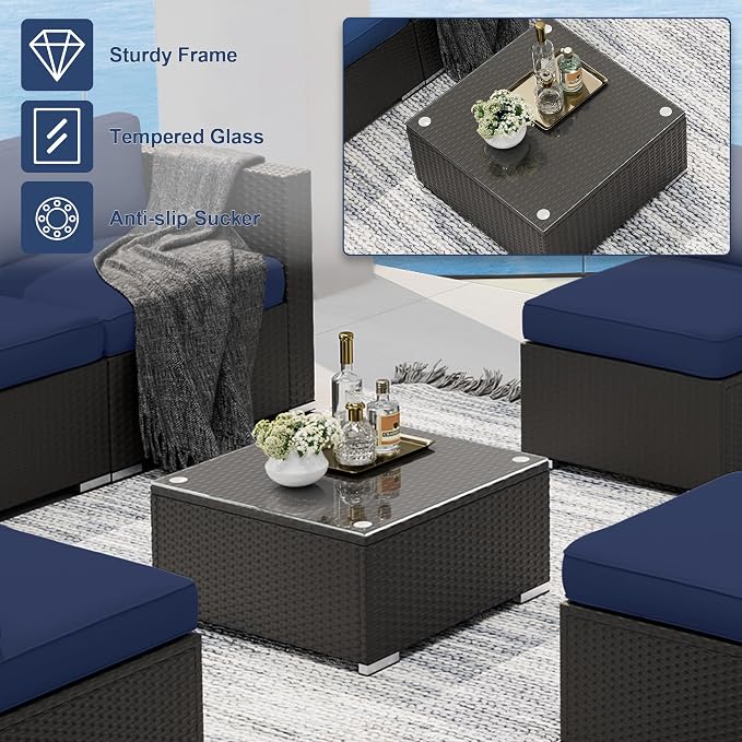 SUNCROWN 7-Piece Outdoor Patio Furniture Sofa Set All-Weather Wicker Sectional Conversation Set with Modern Glass Coffee Table and Cushions, Garden, Backyard, Deck,Dark Blue