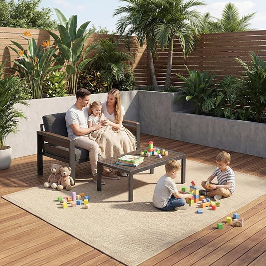 Glonerle Outdoor Aluminum Patio Furniture Set, 2 Seat Patio Conversation Loveseat with 28D Thick Washable Cushions and Coffee Table, Oversized Metal Sectional Sofa Set for Backyard Porch Deck Dalcony