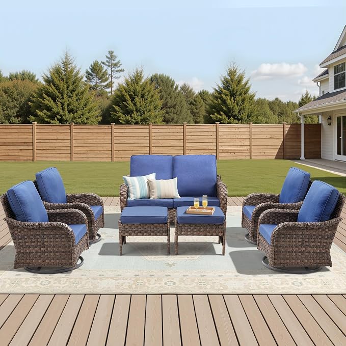 7 PCS Patio Furniture Set, Outdoor Wicker Loveseat & 4 Swivel Rocking Chairs with 2 Ottomans, 4-Inch Thick Olefin Cushions, 300 lbs Capacity Rattan Conversation Set for Porch, Blue