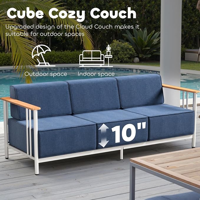 Luxury Outdoor Furniture Set with Swivel Chairs, 5 PCS Patio Furniture Set with 6" Extra Thick Cushions, Suitable for Porch, Balcony, Deck, Patio, Yard, Poolside, White/Blue