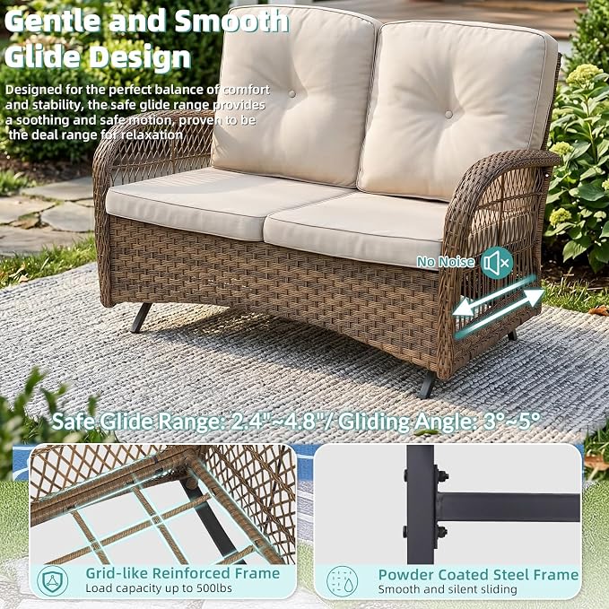 MEETWARM Outdoor Wicker Patio Glider Set, Loveseat for 2 Person Porch Furniture Glider with Glass-Top Coffee Table, Patio Glider Rocking Bench with Thickened Cushions, Brown