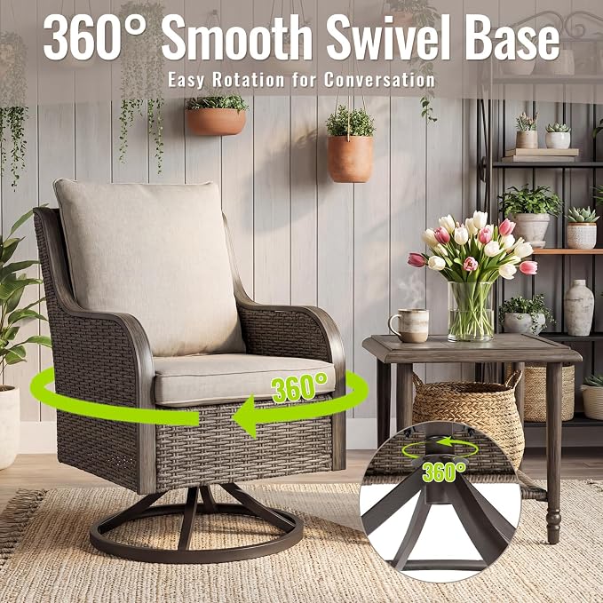 2 Pieces Patio Furniture Sets-Swivel Patio Chairs with High Back Cushions and Wicker Outdoor Side Table,All Weather Patio Conversation Set for Garden Backyard Porch Deck