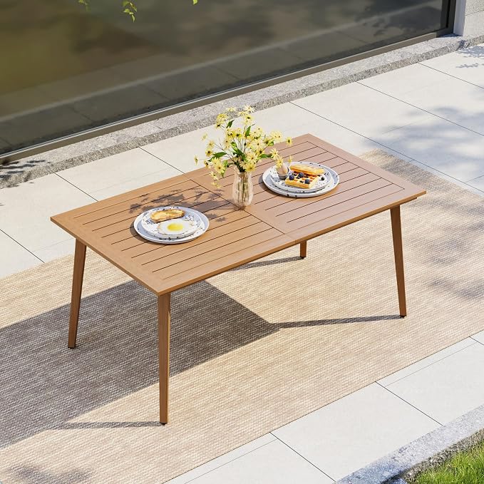 HAPPATIO Outdoor Dining Table for 6, Rectangular Aluminum Patio Table with Umbrella Hole, 6-Person Rustproof Wood-Like Table for Lawn Garden Backyard