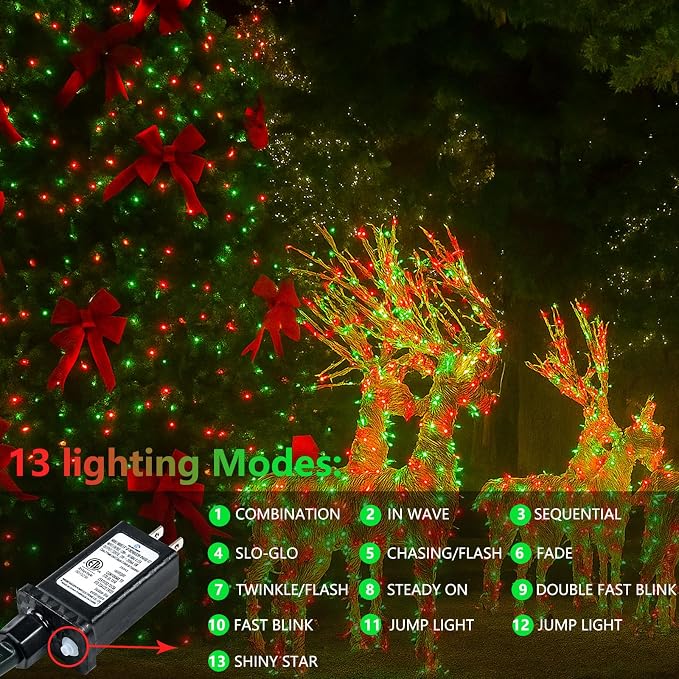 200 LED Connectable String Lights, 66FT Christmas Lights Outdoor Indoor | Red & Green, 13 Modes, Timer, Clear Wire Waterproof Twinkle Fairy Lights Plug in for Bedroom Classroom Patio Xmas Tree Decor