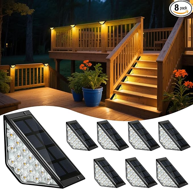 BKBB PPBB Solar Step Lights for Outside, Solar Stair Lights Outdoor Waterproof, Deck Step Lights for Fence, Patio, Yard, Porch, Front Door, Sidewalk, Garden, Patio Decor (8, Warm White)