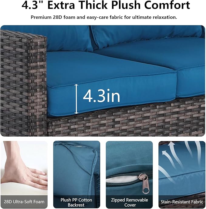LAUSAINT HOME 3 Pieces Outdoor Patio Furniture, Outdoor Sectional Sofa Patio Furniture Sets Wicker Rattan Patio Conversation Sets with Cushion and Glass Table (Peacock Blue)