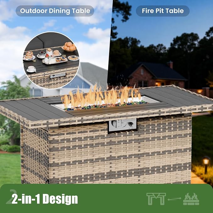 Amopatio 7 Piece Patio Furniture Set with 8" Armrest & 44" Fire Pit Table, Outdoor Wicker Rattan Sectional Sofa Conversation Set for Backyard, Garden, Poolside(Grey Cushion)