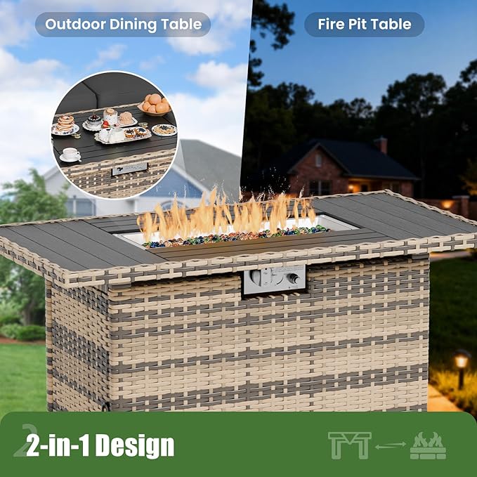 Amopatio 5 Piece Patio Furniture Set with 8" Armrest & 44" Fire Pit Table, Outdoor Wicker Rattan Sectional Sofa Conversation Set for Backyard, Garden, Poolside(Grey Cushion)