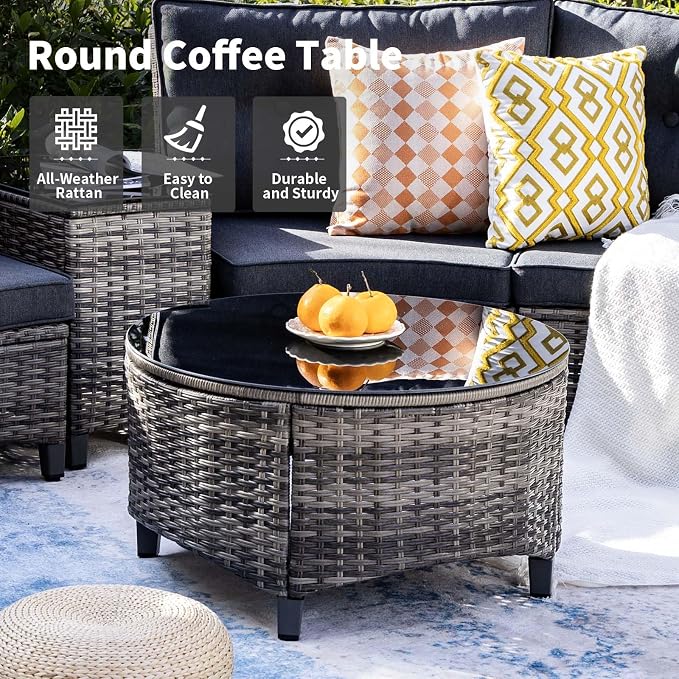 MEISSALIVVE 9 Piece Outdoor Patio Furniture Set, Half-Moon Curved Sectional Set with Wood Armrests, Patio Conversation Set for Porch,Deck,Balcony (Grey)