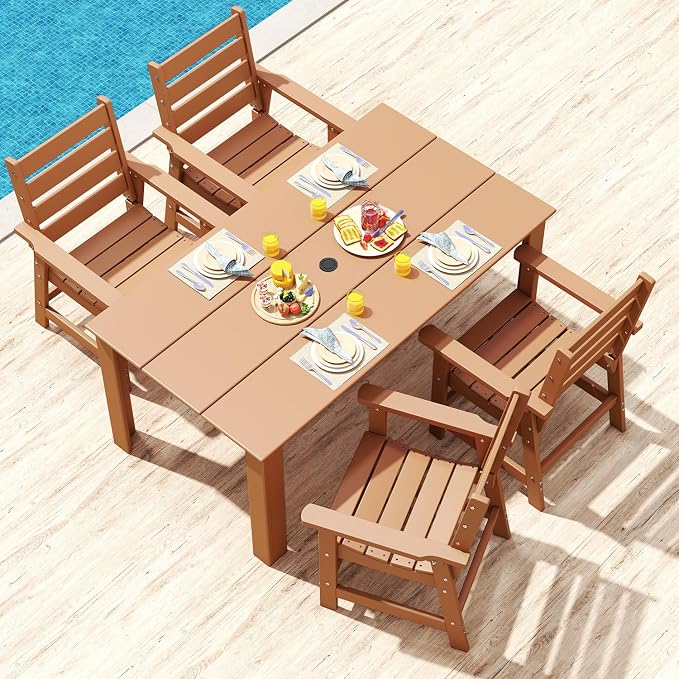IVY&LANE Outdoor 5-Piece Dining Set for 4 | HDPE | 67’’ Rectangle Table and Chairs | Patio Furniture Sets | All Weather | Umbrella Hole | Teak | for Poolside Lawn Garden Backyard
