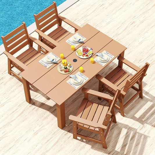 IVY&LANE Outdoor 5-Piece Dining Set for 4 | HDPE | 67’’ Rectangle Table and Chairs | Patio Furniture Sets | All Weather | Umbrella Hole | Teak | for Poolside Lawn Garden Backyard